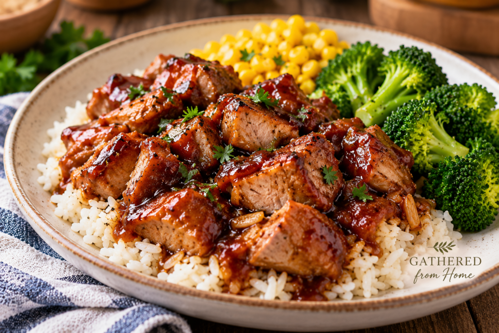Tender BBQ pork coated in barbecue sauce