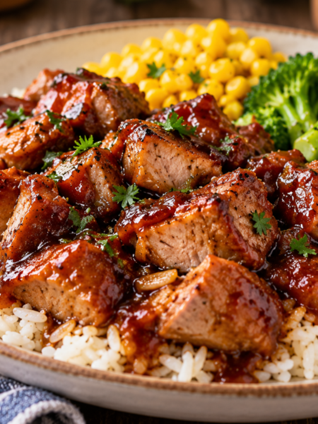 Tender BBQ pork coated in barbecue sauce