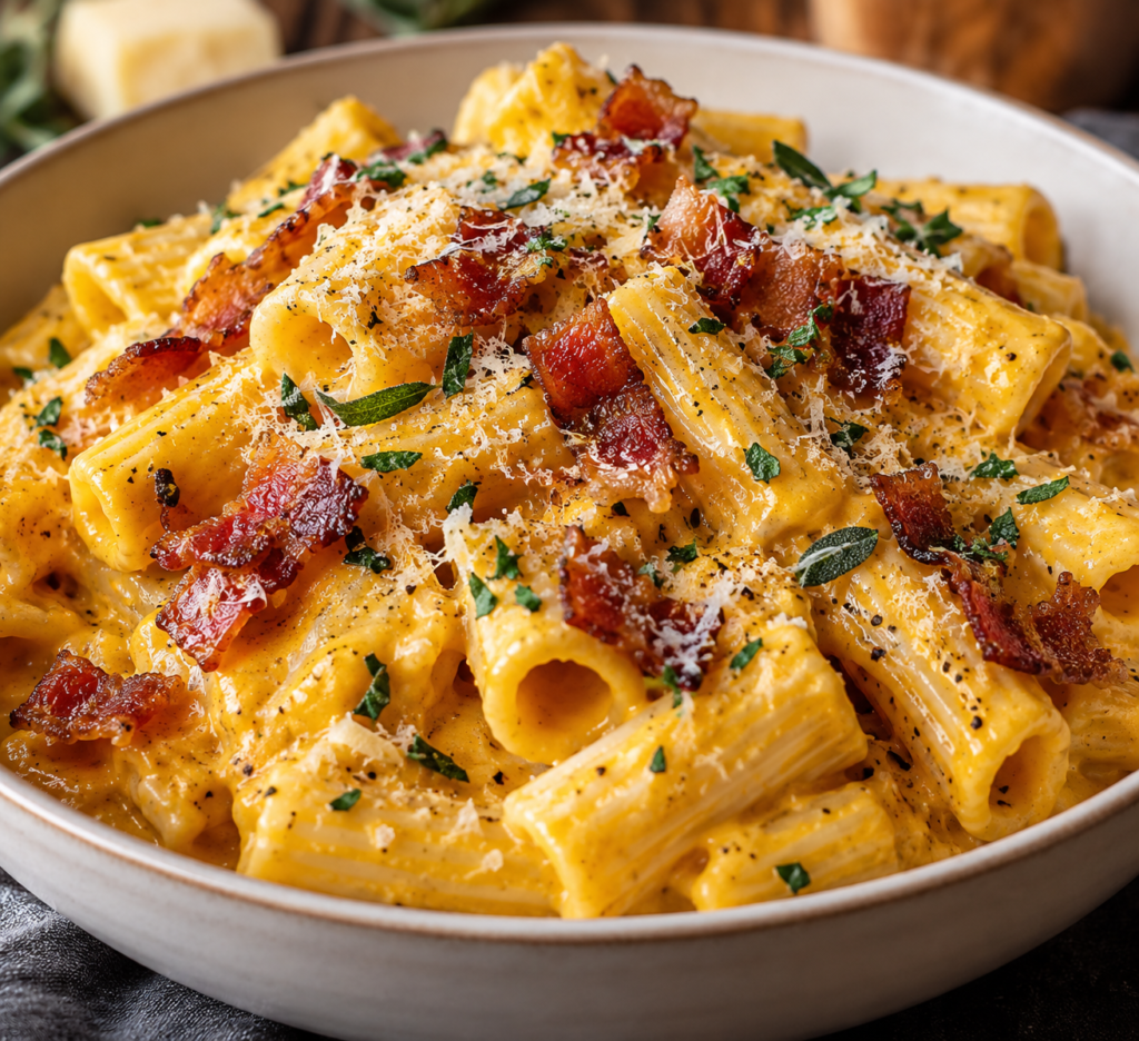 Creamy butternut squash pasta with bacon and Parmesan