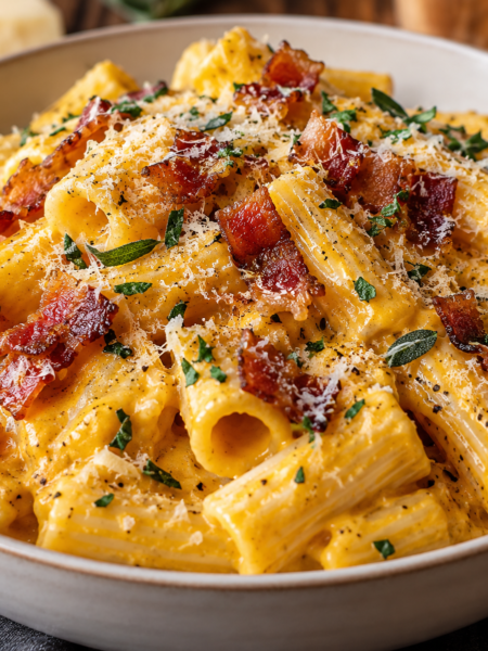 Creamy butternut squash pasta with bacon and Parmesan