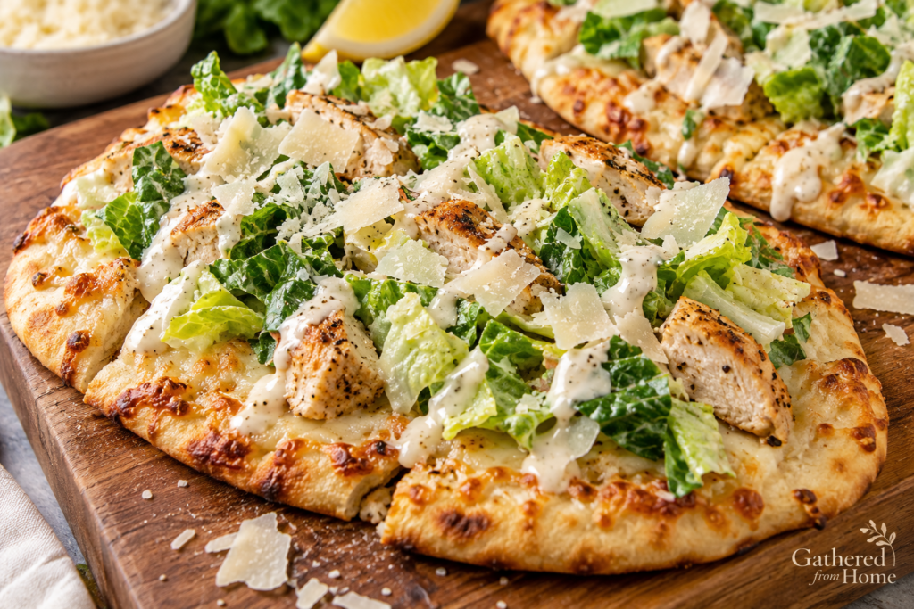 Caesar chicken flatbread with romaine, Parmesan and Caesar dressing