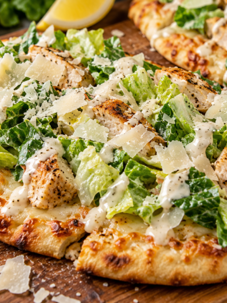 Caesar chicken flatbread with romaine, Parmesan and Caesar dressing