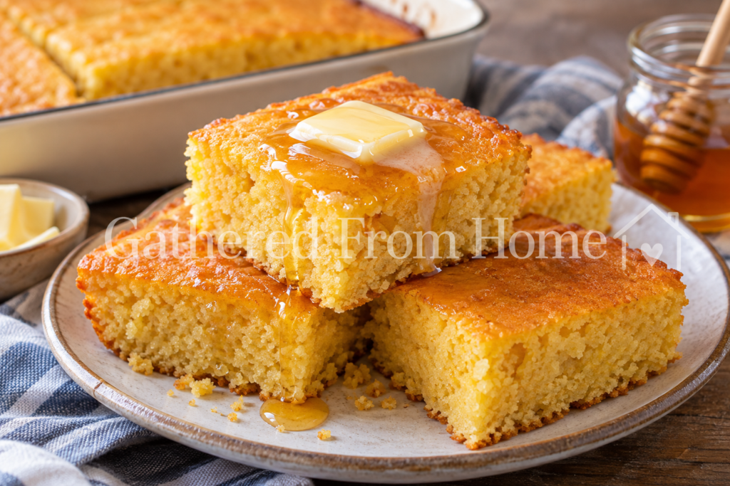 Homemade cornbread with butter and honey