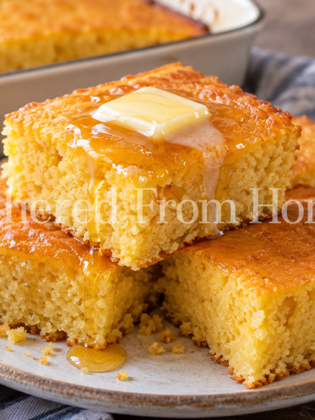 Homemade cornbread with butter and honey