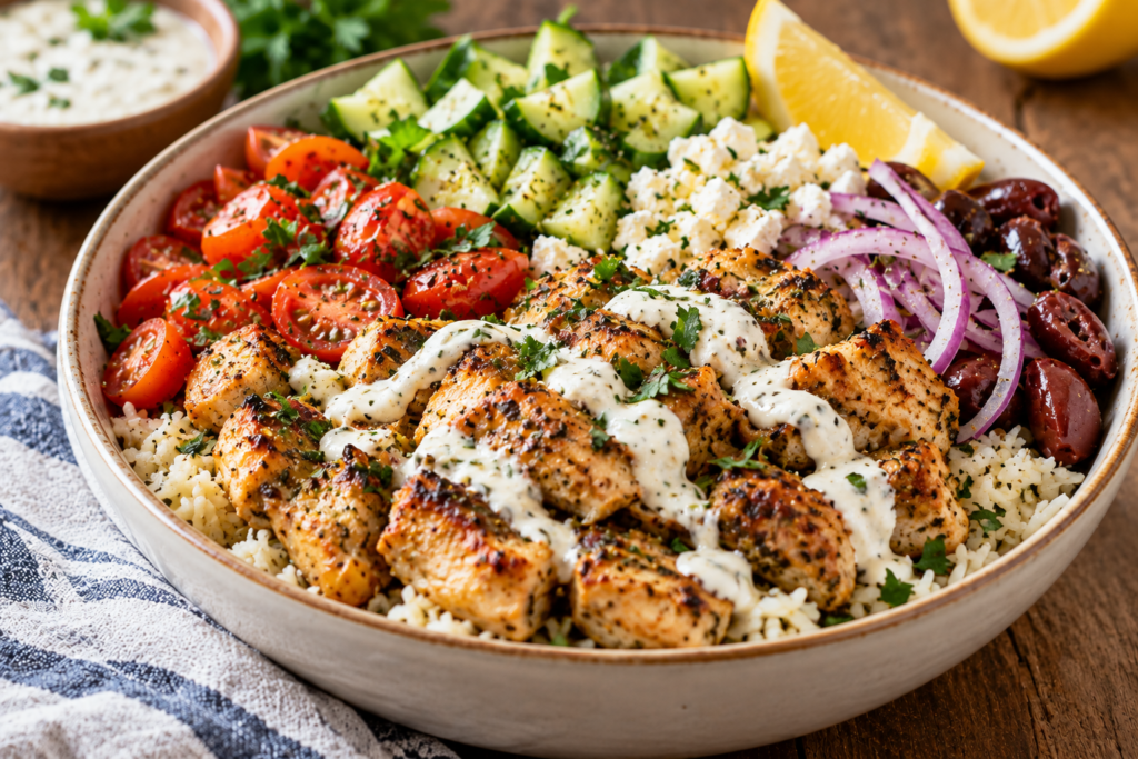 Mediterranean chicken bowls with lemon herb chicken, rice, vegetables and creamy garlic sauce.