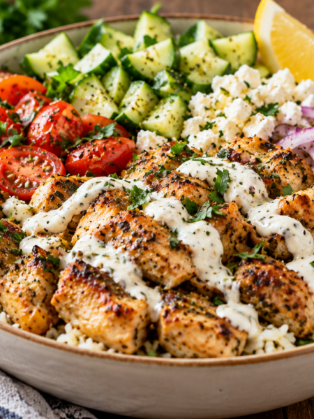 Mediterranean chicken bowls with lemon herb chicken, rice, vegetables and creamy garlic sauce.
