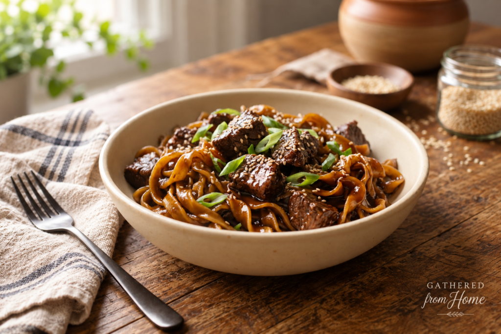 Slow cooker Mongolian beef and noodles