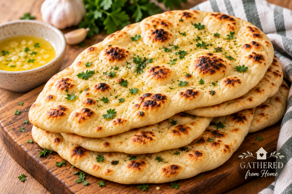 Homemade naan bread brushed with butter and topped with fresh herbs