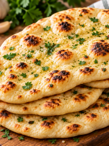 Homemade naan bread brushed with butter and topped with fresh herbs