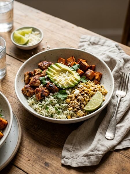 Street corn chicken bowls with sweet potatoes, avocado and cilantro lime rice