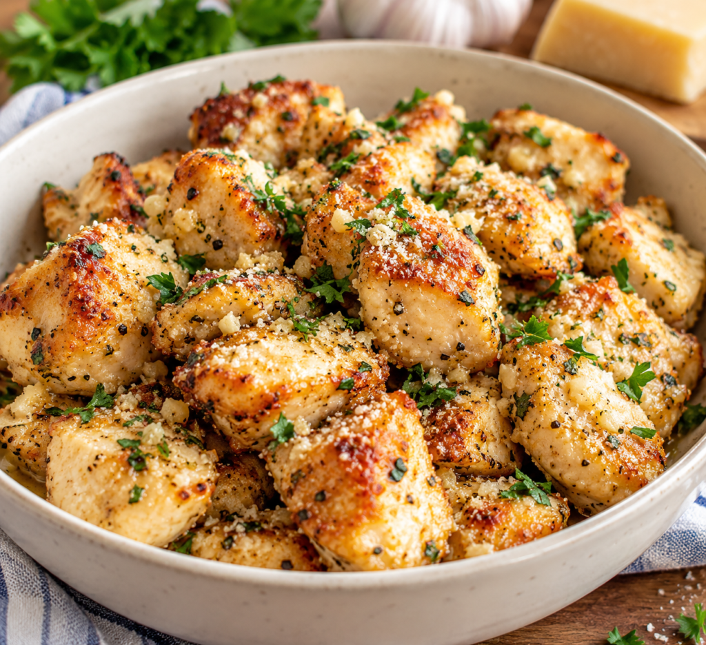 Air fryer garlic parmesan chicken bites tossed in melted garlic butter and freshly grated Parmesan cheese, garnished with fresh parsley.