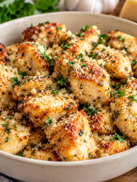 Air fryer garlic parmesan chicken bites tossed in melted garlic butter and freshly grated Parmesan cheese, garnished with fresh parsley.