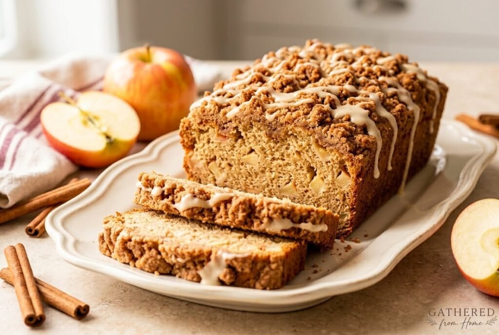 Homemade apple cinnamon crumble bread with chunky brown sugar streusel and maple glaze, sliced to show tender apple pieces throughout.