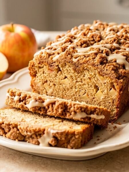 Homemade apple cinnamon crumble bread with chunky brown sugar streusel and maple glaze, sliced to show tender apple pieces throughout.