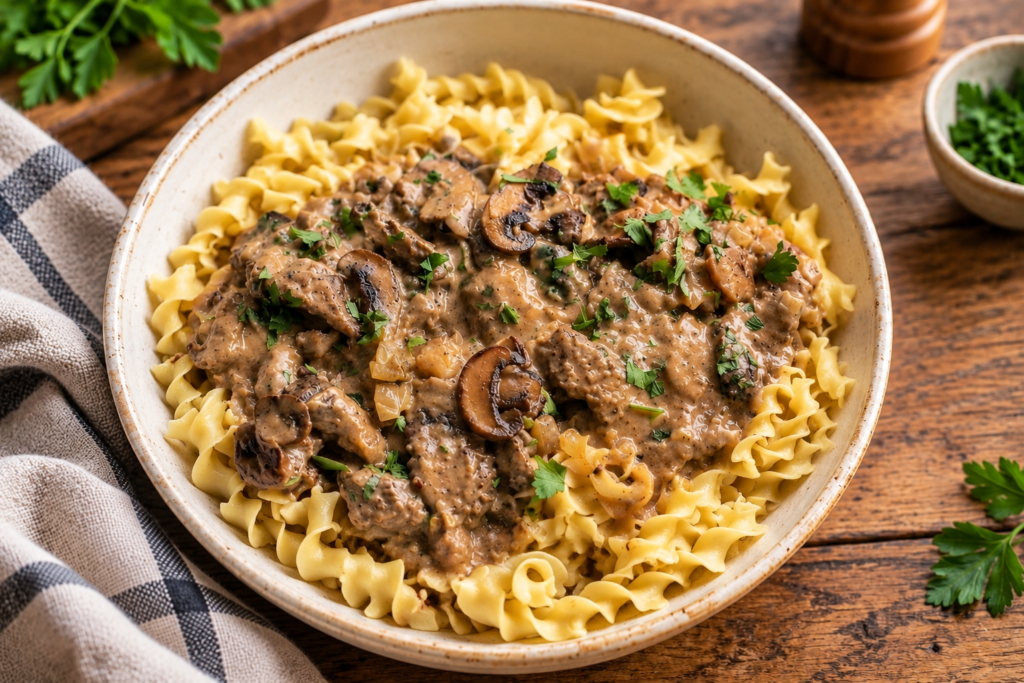 Fork-tender slow cooker beef stroganoff with mushrooms served over buttery egg noodles