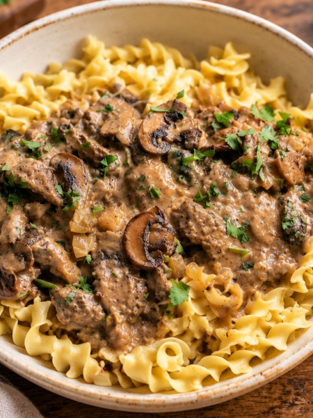 Fork-tender slow cooker beef stroganoff with mushrooms served over buttery egg noodles