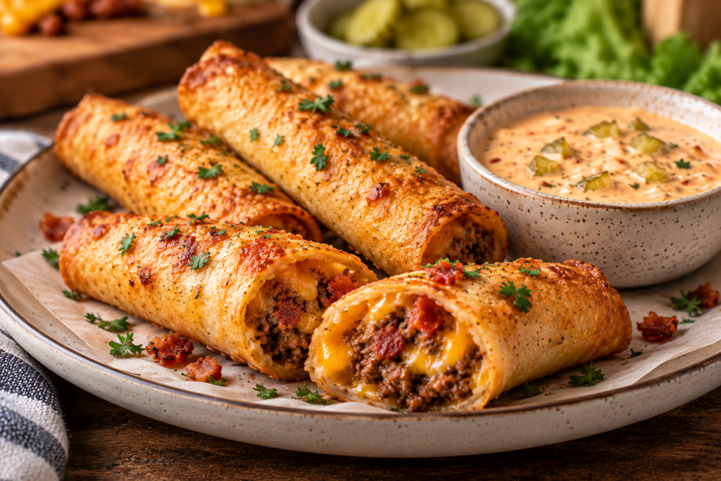 Crispy Bacon Cheeseburger Taquitos filled with seasoned ground beef, bacon, and melted cheddar cheese, served with creamy homemade burger dipping sauce.