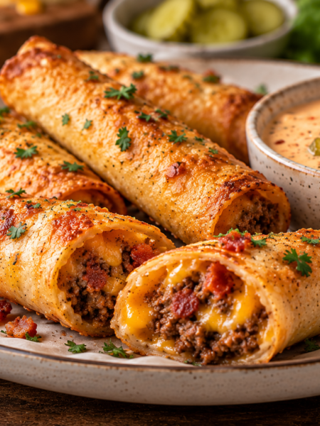 Crispy Bacon Cheeseburger Taquitos filled with seasoned ground beef, bacon, and melted cheddar cheese, served with creamy homemade burger dipping sauce.