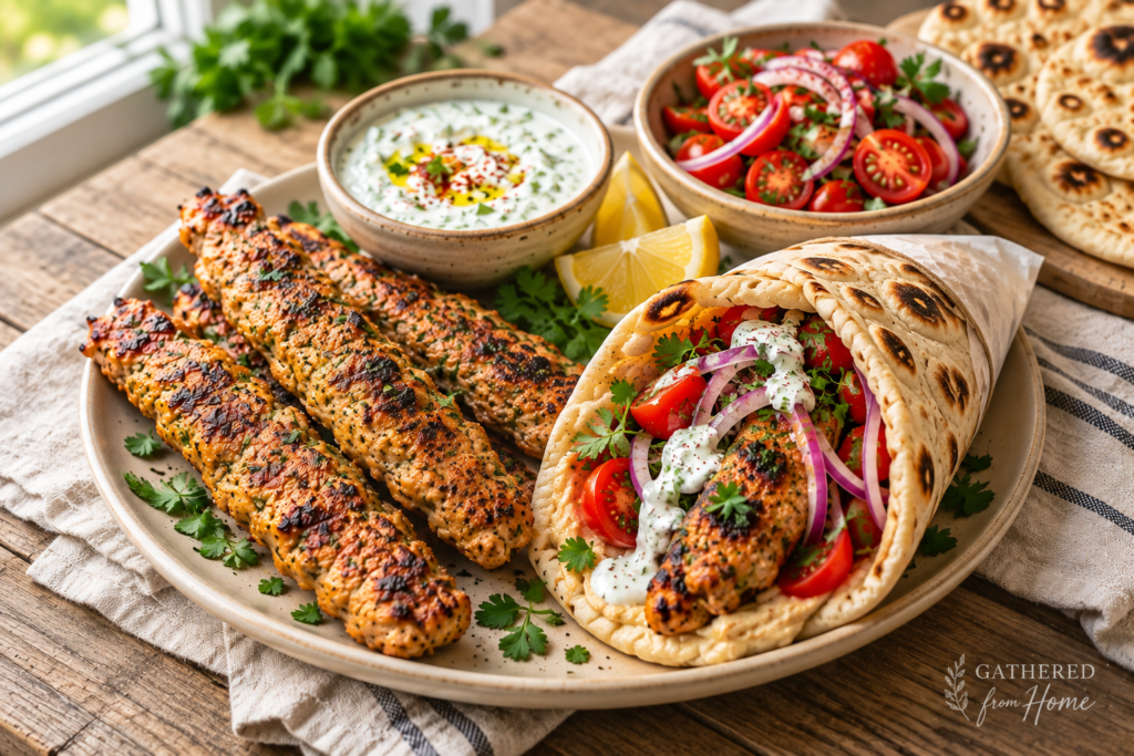 Sheet pan chicken kebabs with garlic yogurt sauce, tomato salad and flatbread