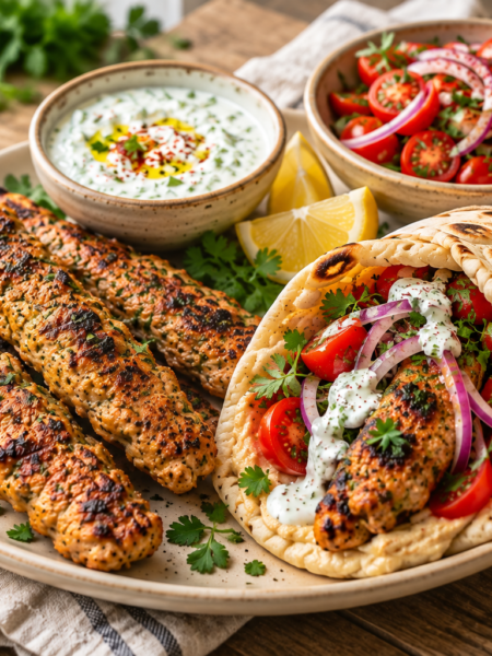 Sheet pan chicken kebabs with garlic yogurt sauce, tomato salad and flatbread