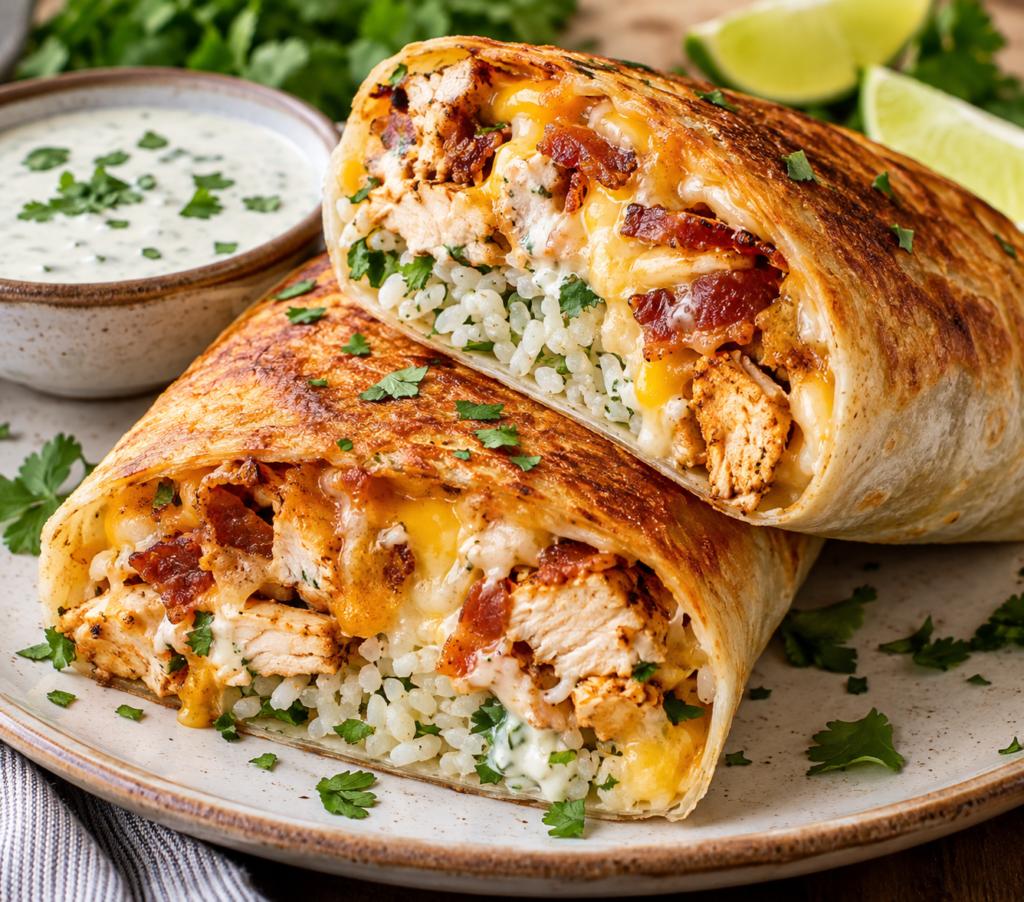 Crispy chicken bacon ranch burritos sliced in half, filled with seasoned chicken, crispy bacon, melted cheese, and cilantro-lime rice, served with creamy ranch dipping sauce.