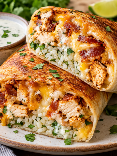 Crispy chicken bacon ranch burritos sliced in half, filled with seasoned chicken, crispy bacon, melted cheese, and cilantro-lime rice, served with creamy ranch dipping sauce.