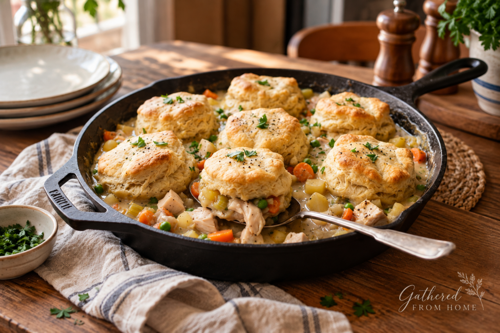 Chicken pot pie with biscuits baked in a cast iron skillet