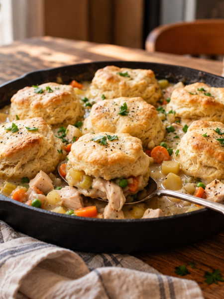 Chicken pot pie with biscuits baked in a cast iron skillet