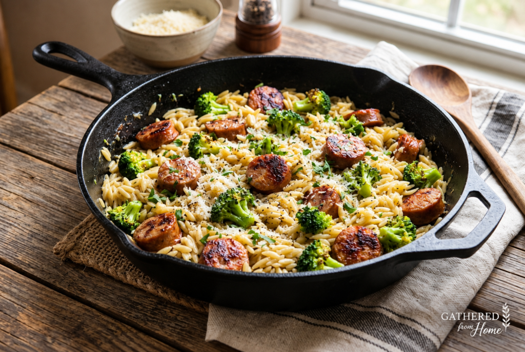 One-pan chicken sausage orzo with broccoli and Parmesan