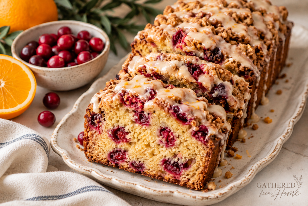 Homemade cranberry orange crumble bread topped with buttery cinnamon streusel and orange glaze, with slices showing cranberries throughout.