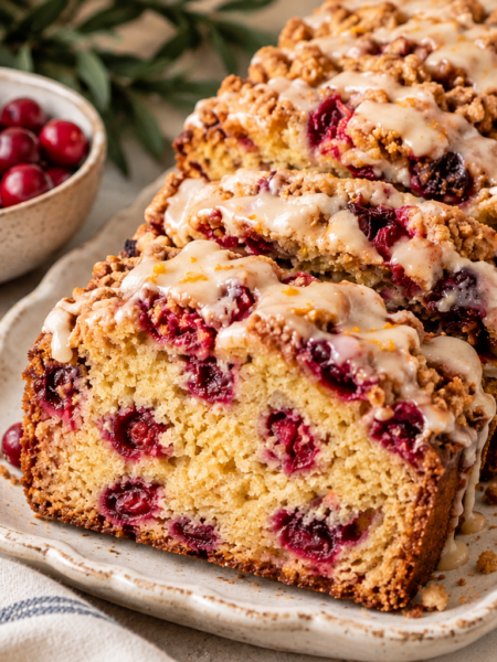 Homemade cranberry orange crumble bread topped with buttery cinnamon streusel and orange glaze, with slices showing cranberries throughout.