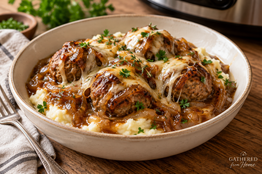Crockpot French Onion Meatballs covered in caramelized onion gravy and melted Swiss cheese, served over creamy mashed potatoes.