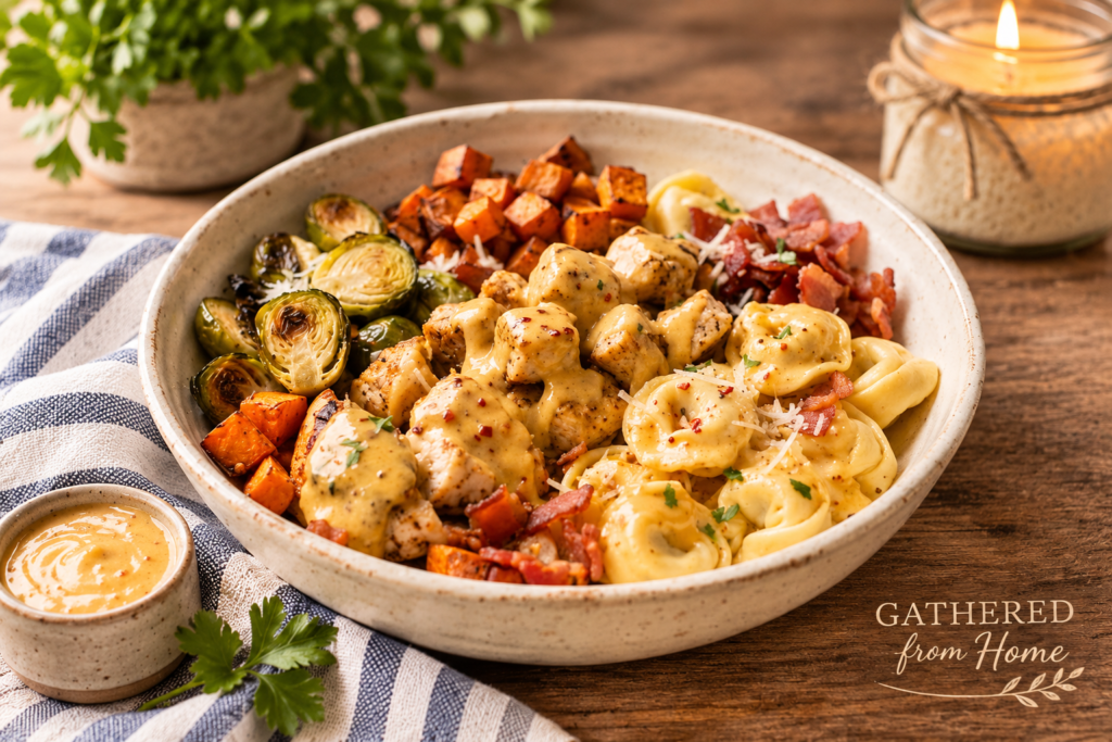 Air Fryer Hot Honey Chicken Bowls with seasoned chicken, roasted sweet potatoes, crispy Brussels sprouts, cheese tortellini, bacon, and creamy hot honey sauce.