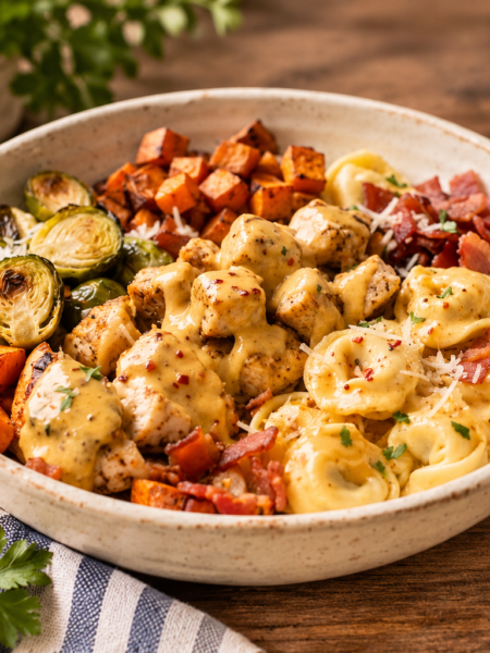 Air Fryer Hot Honey Chicken Bowls with seasoned chicken, roasted sweet potatoes, crispy Brussels sprouts, cheese tortellini, bacon, and creamy hot honey sauce.