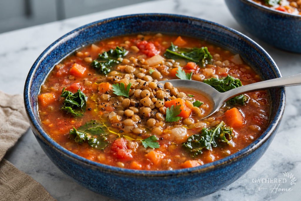 Lentil and kale soup with vegetables and tomatoes