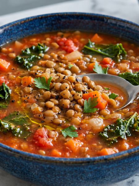 Lentil and kale soup with vegetables and tomatoes