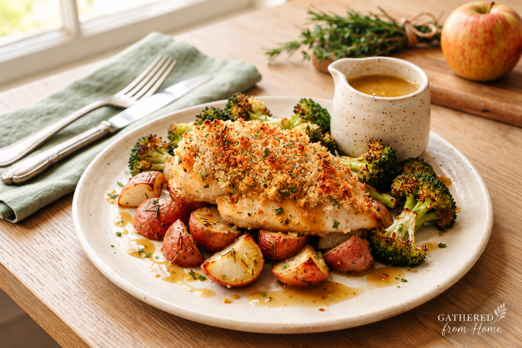 Crispy maple Dijon chicken with garlic red potatoes and broccoli