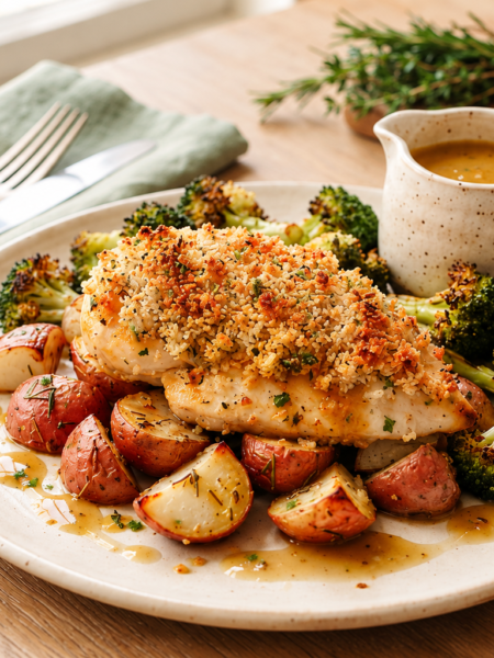 Crispy maple Dijon chicken with garlic red potatoes and broccoli