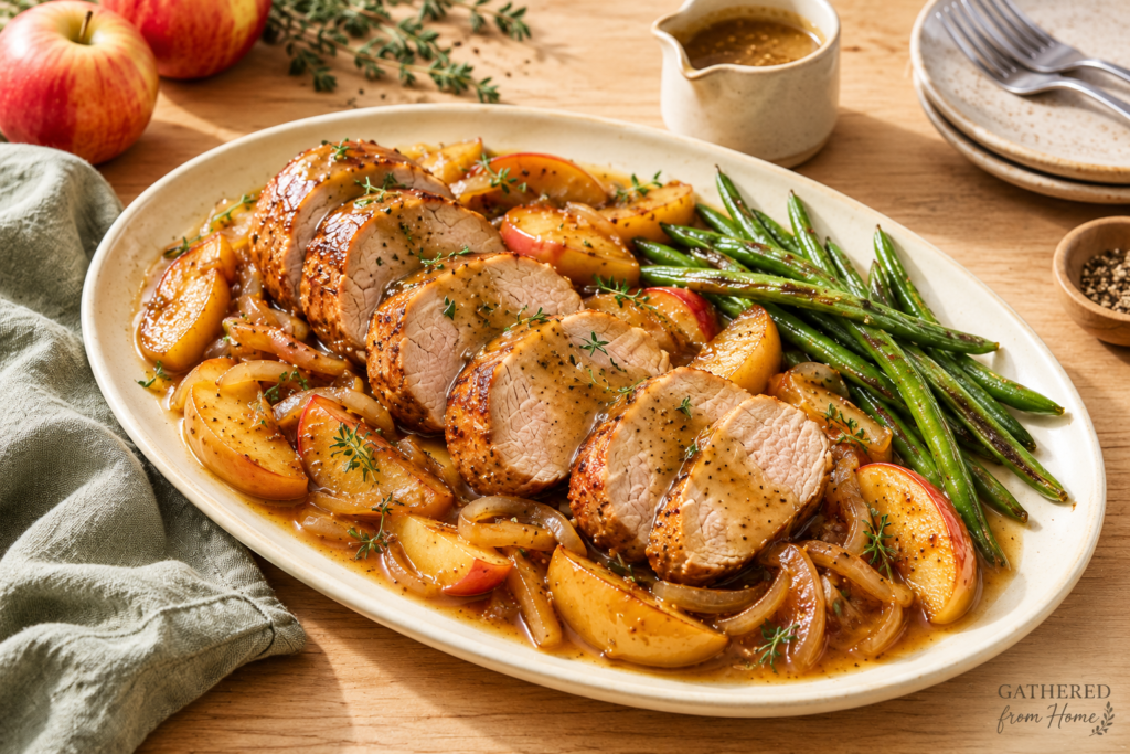 Maple glazed pork tenderloin with apples and onions