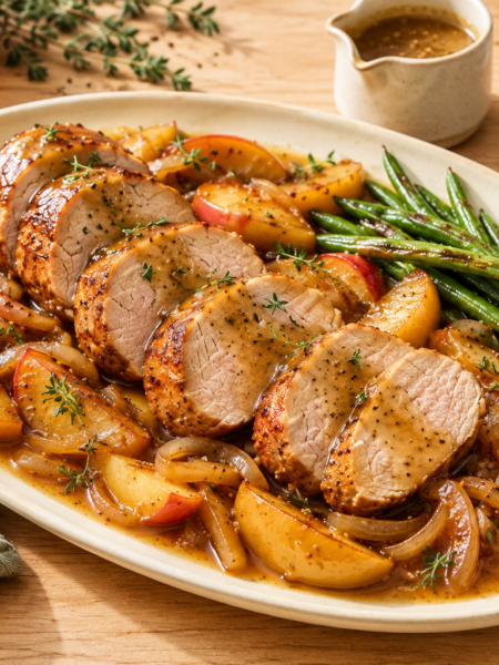 Maple glazed pork tenderloin with apples and onions