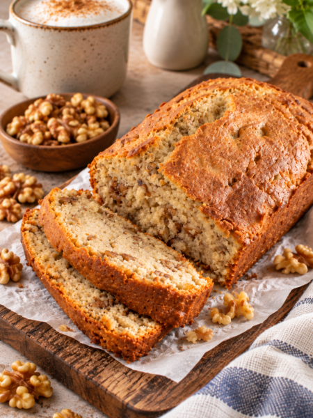 Homemade buttery maple walnut bread with a golden crust and sliced pieces showing the walnut-filled center