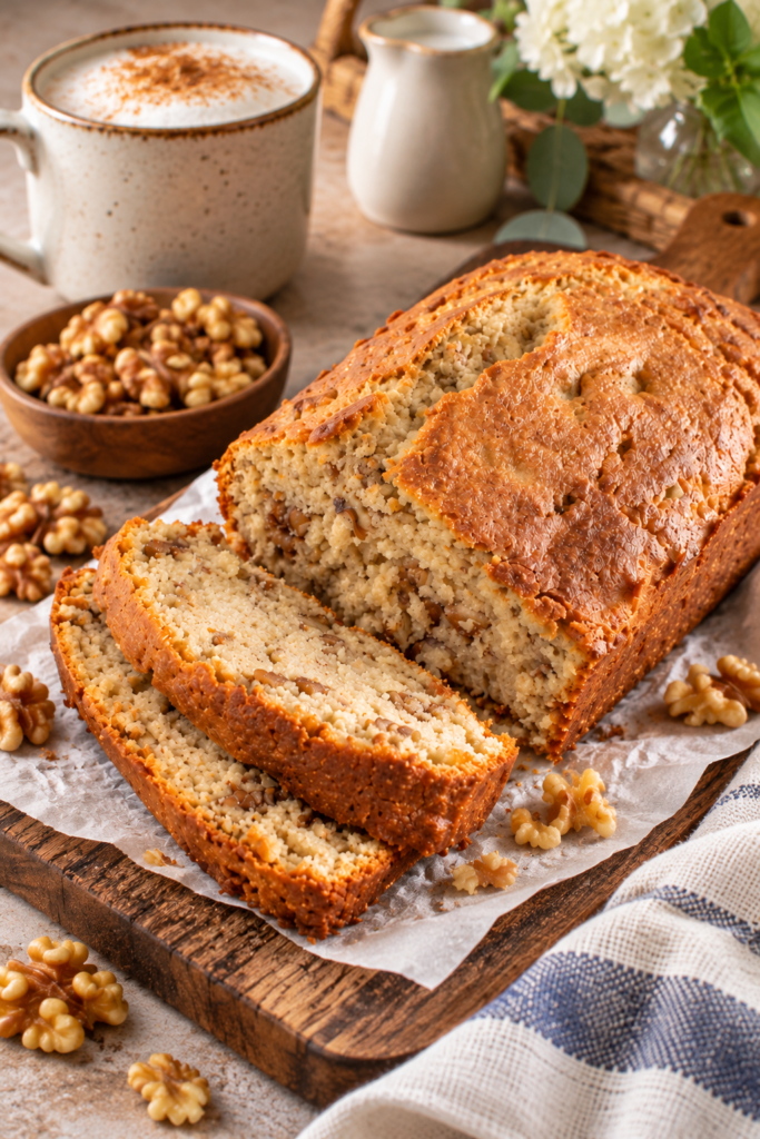 Homemade buttery maple walnut bread with a golden crust and sliced pieces showing the walnut-filled center