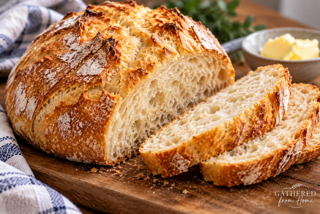 Rustic no-knead bread with a crispy golden crust and soft airy interior, baked in a Dutch oven and served sliced with butter.