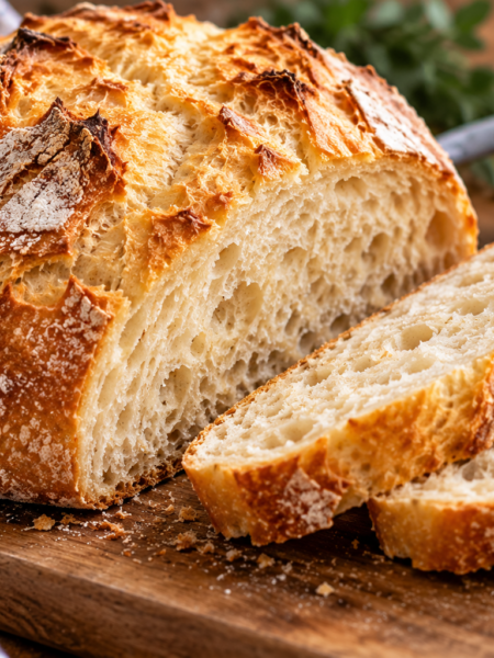 Rustic no-knead bread with a crispy golden crust and soft airy interior, baked in a Dutch oven and served sliced with butter.