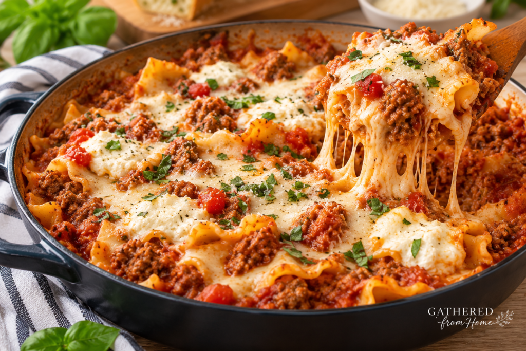 Easy one pot lasagna with ground beef, Italian sausage, tender noodles, creamy ricotta, melted mozzarella, and fresh basil in a skillet.