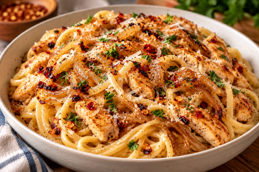 Creamy Onion Crisp Chicken Pasta with sliced seasoned chicken, caramelized onions, Parmesan cheese, and chili crisp.