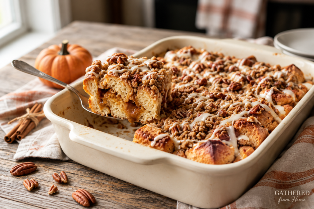 Pumpkin spice cinnamon roll bake topped with brown sugar pecan crumble and vanilla icing in a baking dish.