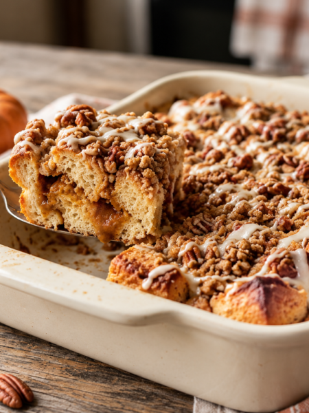 Pumpkin spice cinnamon roll bake topped with brown sugar pecan crumble and vanilla icing in a baking dish.