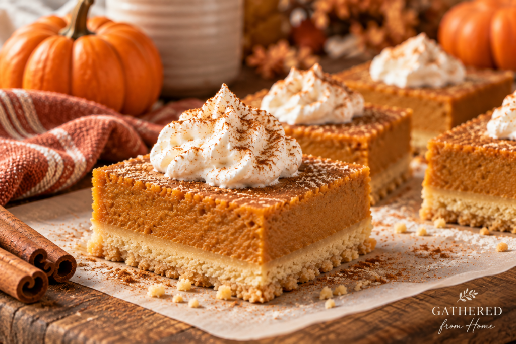 Step-by-step photos showing how to make creamy pumpkin pie bars with a buttery shortbread crust
