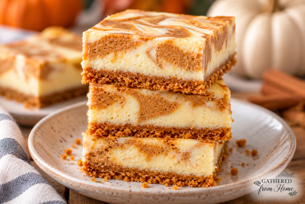 Gluten free pumpkin cheesecake bars stacked on a rustic ceramic plate, featuring creamy vanilla and pumpkin spice swirls over a buttery gluten-free graham cracker crust.
